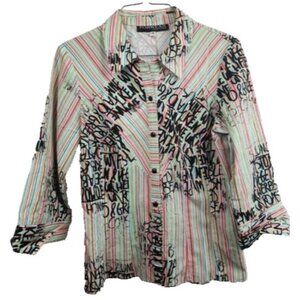 Forwear New York Womens Wearable Art Shirt Sz 4 Graffiti Print 3/4 Sleeve Office